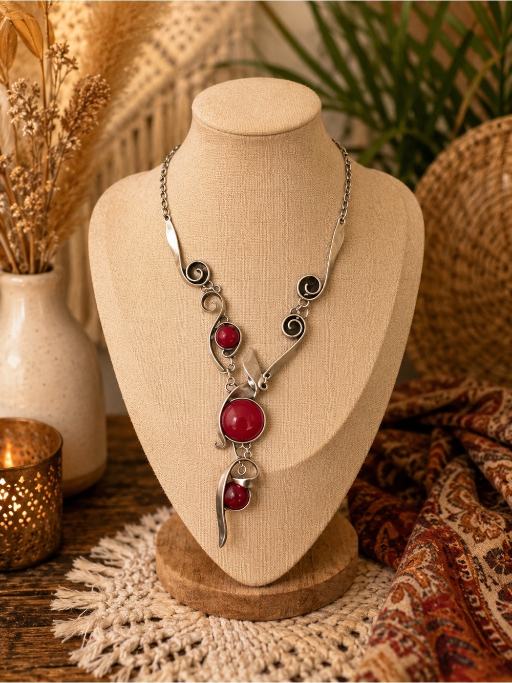 Handcrafted Red Cabochon Gemstones Silver Artisan Scroll Necklace